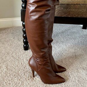 NEW ITALIANHEELS Brown Leather Italy Thigh High Heel Full Zip Boots 41 EU